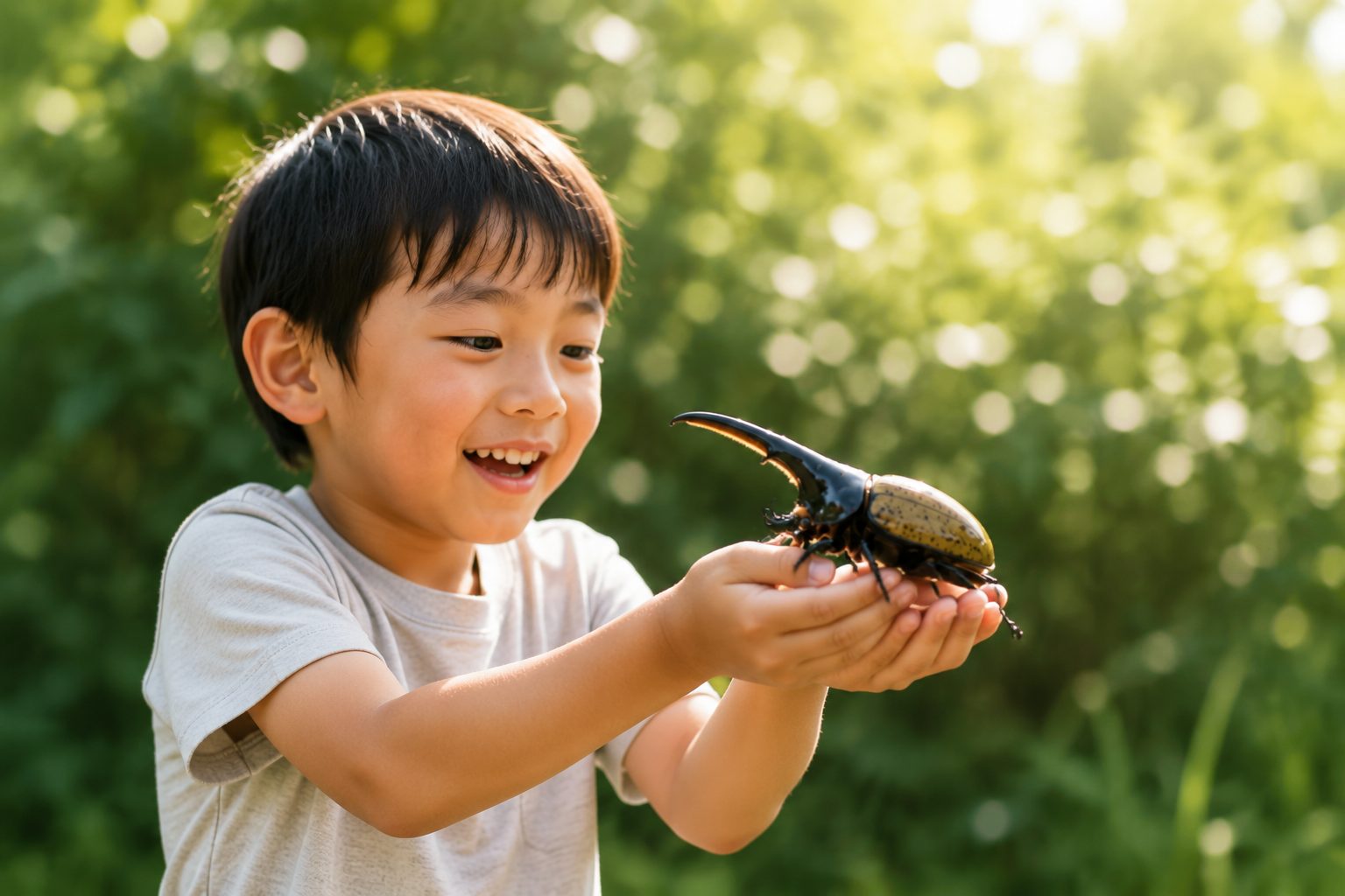 ヘラクレスオオカブトを手にする子ども