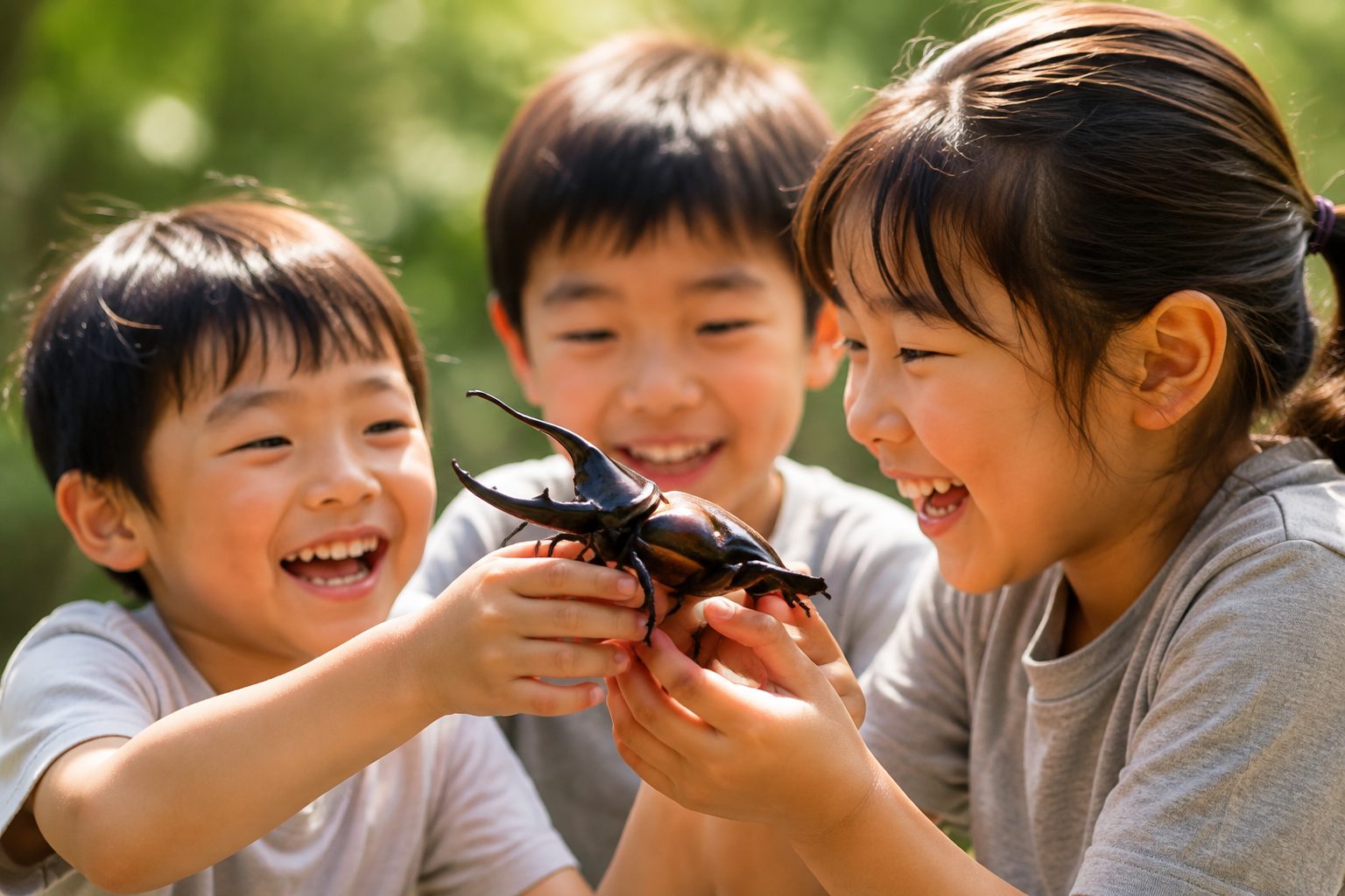 カブトムシを囲む子どもたち